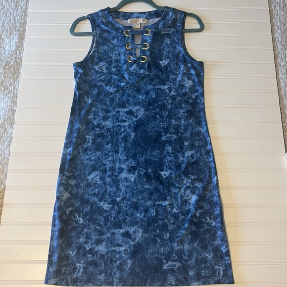 Michael Kors Sleeveless Tie Dyed Denim Blue Lace Up Tank Mini Dress XSmall - Picture 11 of 13
